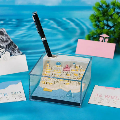 2025 Calendar 3D Notepad Block Santorini 3D Art Calendar With Led Lihjt Memo Pad Paper Notes Desk Decor Birthday Christmas Gift