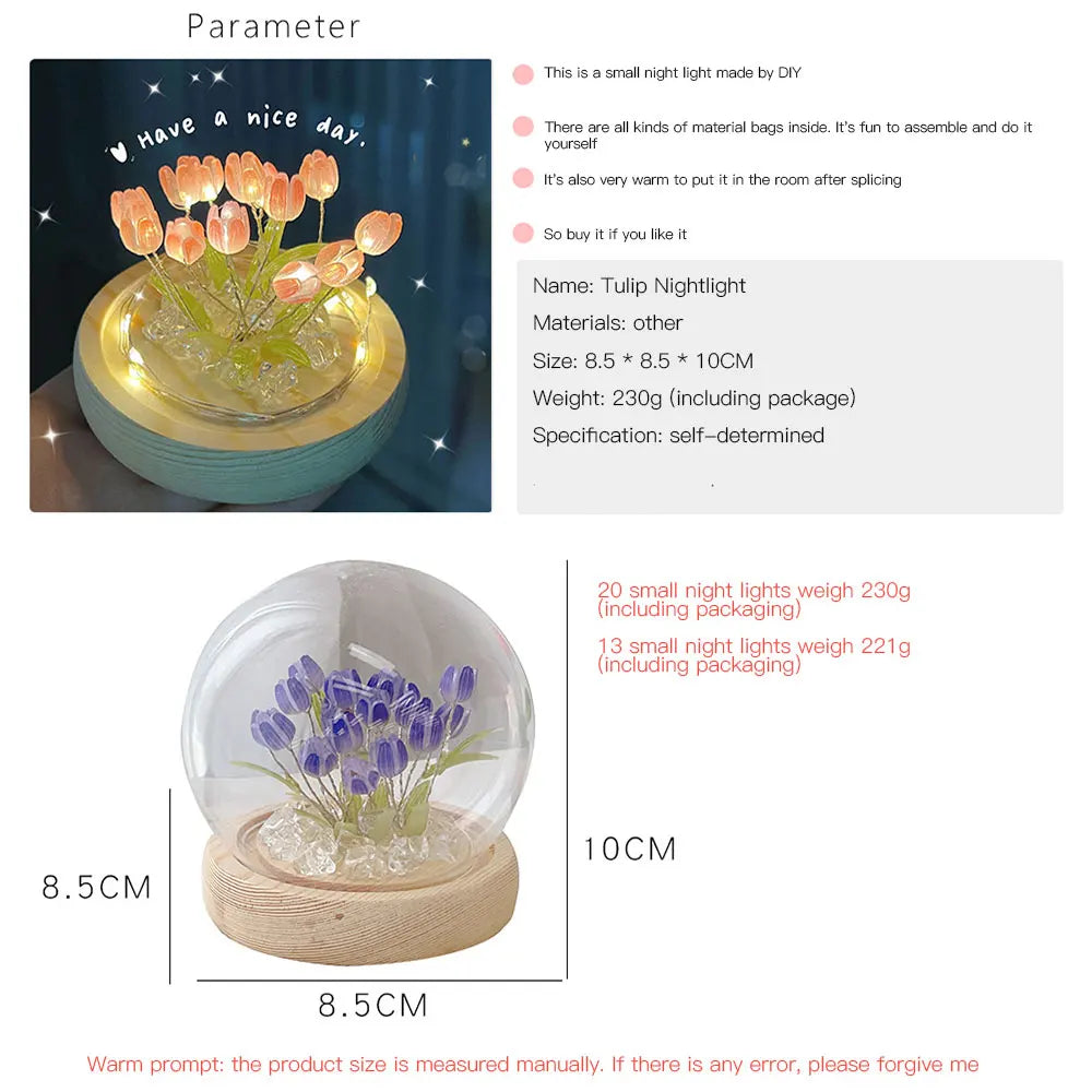 Artificial Tulip Flower Night Light Handmade DIY Bedside Lamp LED Night Lamp Bedroom Decor Christmas Birthday Gifts Table Lamp