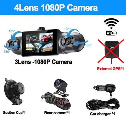 Cámara de salpicadero para coche de 1080P con GPS, WIFI, aplicación, grabadora de vídeo de 4 lentes, DVR de 360°, cámara de visión trasera, monitor de estacionamiento, caja negra, accesorios para coche