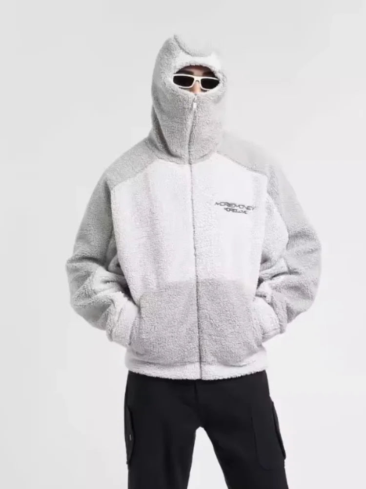 Manteau d'hiver en laine d'agneau pour homme, chaud, épais, mode décontractée, lettre brodée, capuche, ample, fermeture éclair, poche, veste en fausse peau de mouton