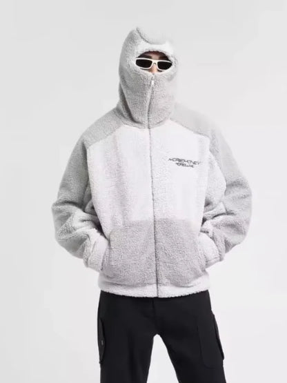 Manteau d'hiver en laine d'agneau pour homme, chaud, épais, mode décontractée, lettre brodée, capuche, ample, fermeture éclair, poche, veste en fausse peau de mouton