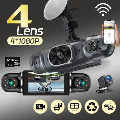 Grabadora de video DVR para automóvil de 4 lentes 1080P con control por aplicación WIFI, cámara de tablero de 360 ​​grados, visión nocturna, cámara de visión trasera delantera izquierda y derecha para automóvil