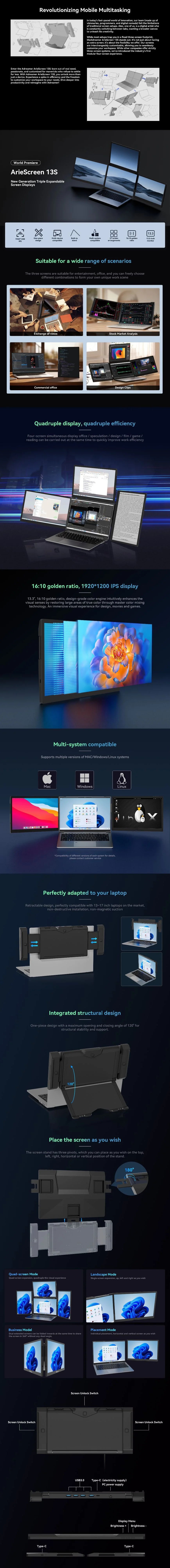 Triple Portable Monitor Triple Laptop Screen Extender Dual 13.3inch 1080P LCD monitors portable Tri screen monitor for laptop