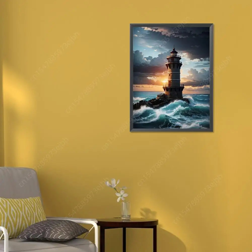 5D DIY Full Round Drill Diamond Painting Seaside Lighthouse Home Decor 30x40cm