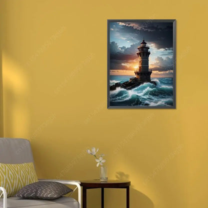 5D DIY Full Round Drill Diamond Painting Seaside Lighthouse Home Decor 30x40cm