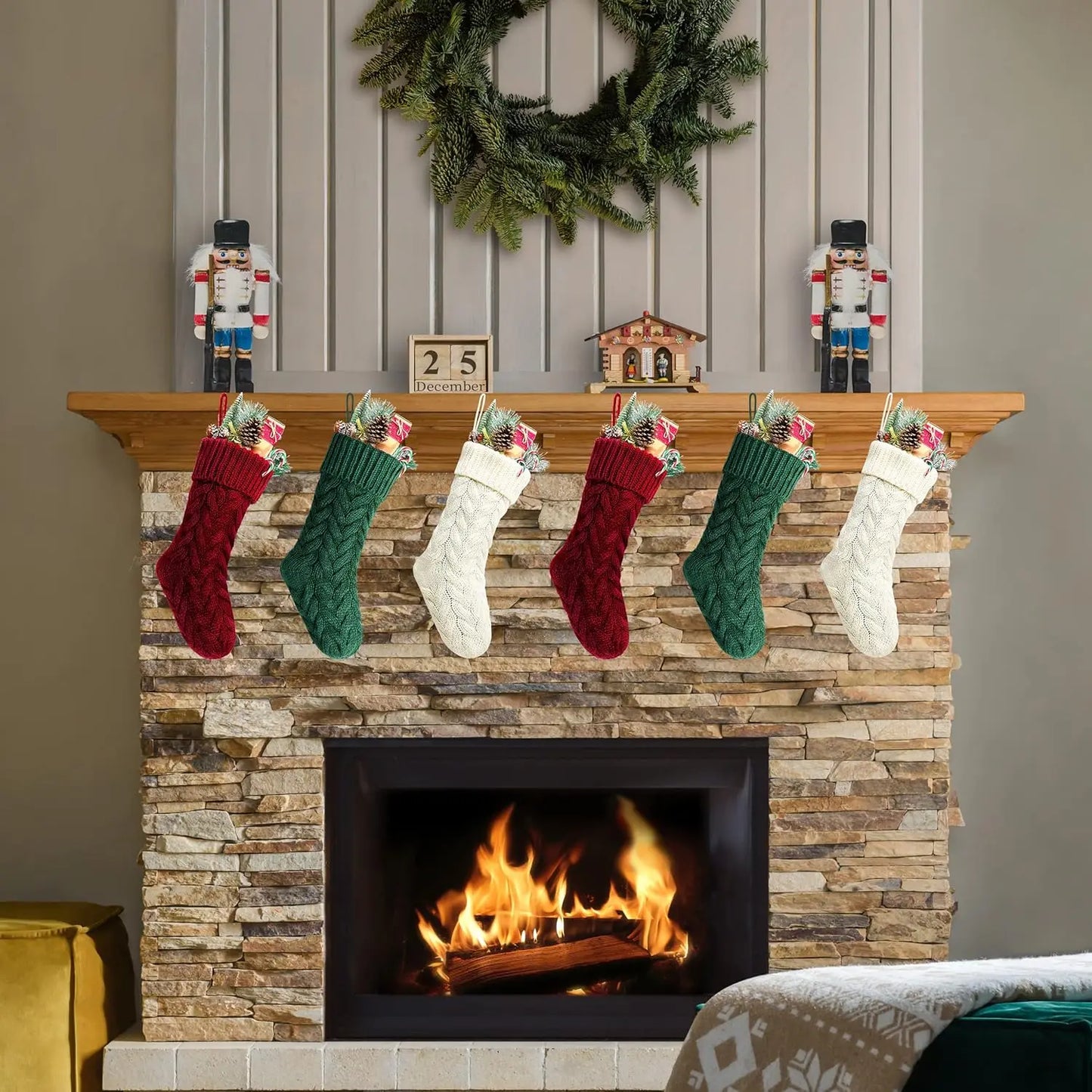 4/6PCS Christmas Stockings Knit Xmas Stockings 18 In Large Fireplace Hanging Stockings For Holiday Christmas Tree Party Decor