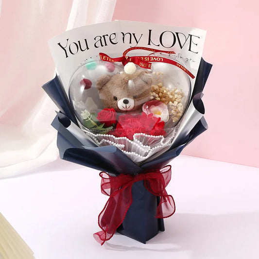 Artificial Rose Flower Bouquet Doll Bear Birthday Party Mother's Day Gift Wedding Bouquet Romantic Appointment Decor Accessories