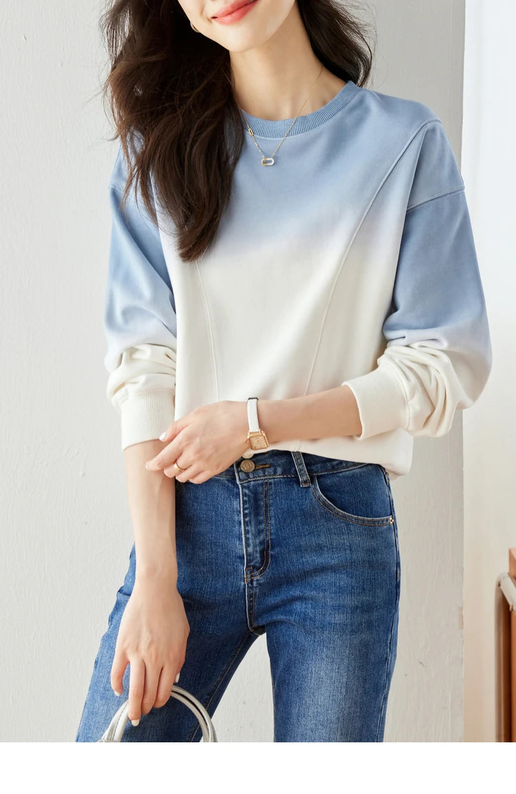 VIMLY Loose Gradient Sweatshirts for Women  Autumn Fashion Casual Round Neck Pullovers Long Sleeve Tops Female Clothes M2967