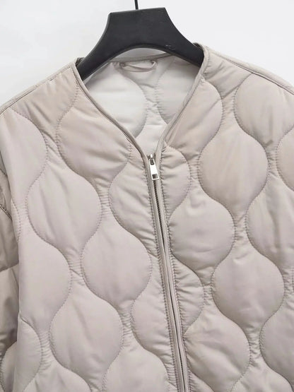 XNWMNZ 2024 Chaqueta acolchada de moda para mujer Otoño/Invierno Chaqueta acolchada retro con cuello redondo y manga larga con cremallera Abrigo acolchado versátil para mujer