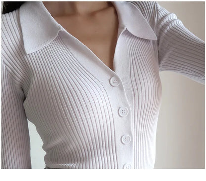 AOSSVIAO 2024 Ladies Buttons Sexy V Neck Long Sleeve POLO Neck Knit Cardigan Sweater Women Lapel Slim Tops