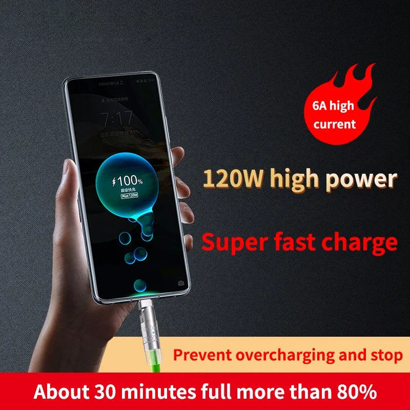 120W Usb Type C Fast Charge Cable 180 Degree Elbow Rotation Type C-Lightning Zinc Alloy Liquid Silicone Data Cable with Light