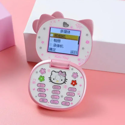 Sanrio Hello Kitty Flip Phone New Cartoon Cute Children White Pink Kawaii Mini Phone Children Birthday Gifts Fashion Model Toys