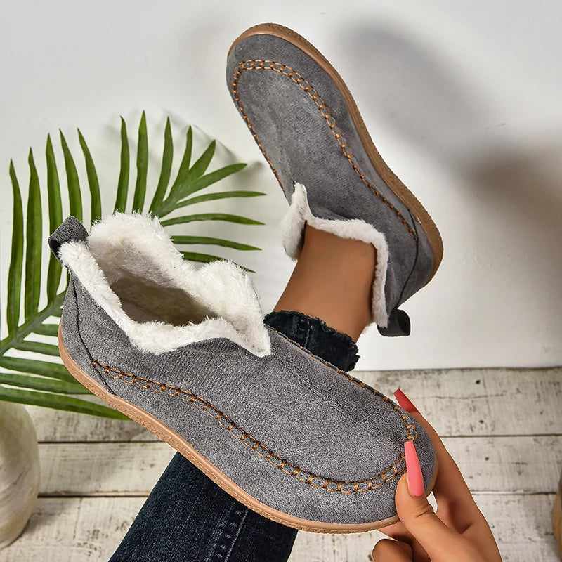 2024 New Hot Sale Suede Leather Ankle Boots Women Round Toe Thicken Fuzzy Snow Boots Comfortable Flat Anti-Slip Booties Mujer