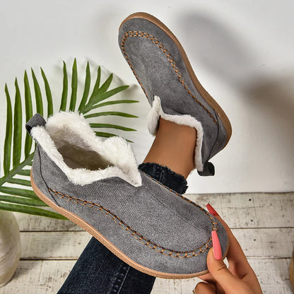 2024 New Hot Sale Suede Leather Ankle Boots Women Round Toe Thicken Fuzzy Snow Boots Comfortable Flat Anti-Slip Booties Mujer
