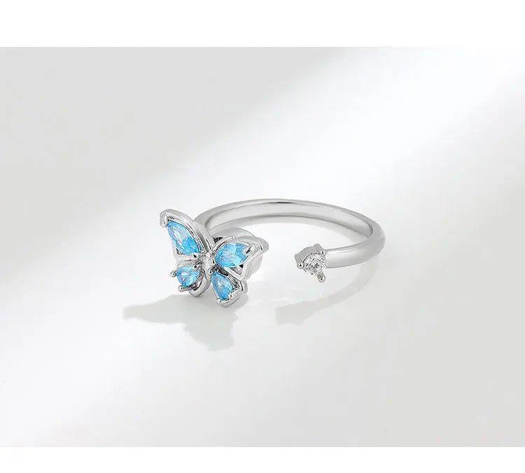 Blue Fidget Spinner Ring Anxiety for Women Multiple Crystal Flower Butterfly Animal Ring Rotate To Anti Stress for Wedding Party