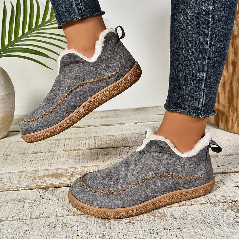 2024 New Hot Sale Suede Leather Ankle Boots Women Round Toe Thicken Fuzzy Snow Boots Comfortable Flat Anti-Slip Booties Mujer