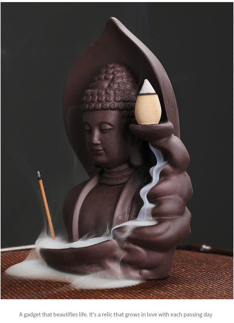 1pc Brûleur d'encens à refoulement Nuages ​​de bon augure Bouddha Brûleur d'encens à refoulement en argile violette Porte-encens (sans encens)