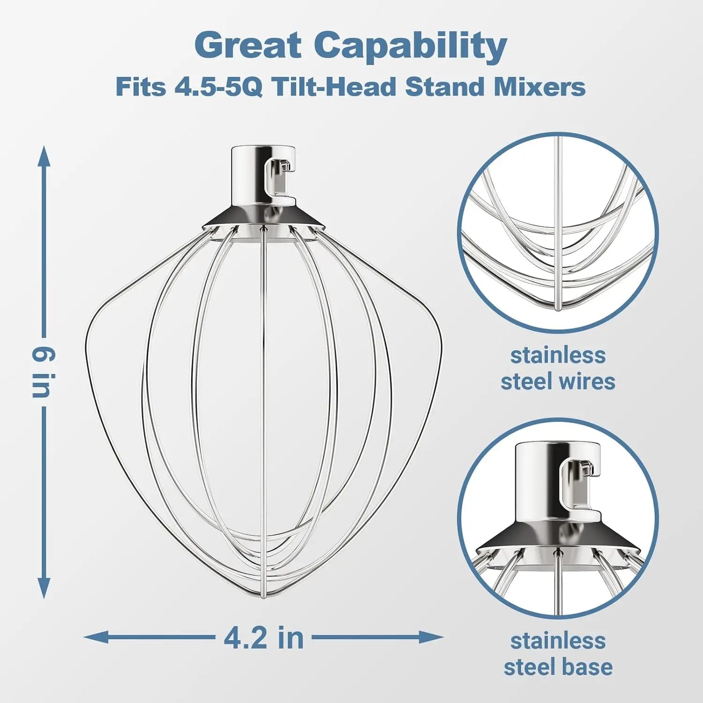 5Q 6Q Wire Whip Attachment for Tilt-Head Stand Mixer for KitchenAid Stainless Steel Egg Cream Stirrer, Flour Cake Balloon Whisk