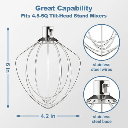 5Q 6Q Wire Whip Attachment for Tilt-Head Stand Mixer for KitchenAid Stainless Steel Egg Cream Stirrer, Flour Cake Balloon Whisk
