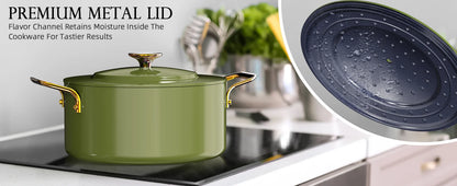 Nuwave Lux LE 13-Pc Cookware Set with Elegant Gold Handle Diamond Infused Ceramic Non-Stick PFAS Free Premium Metal Lids Avocado