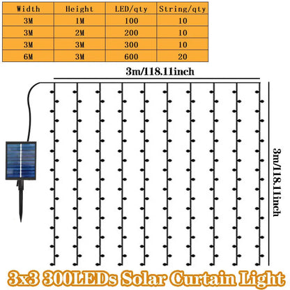 6X3M 3X3M Solar Curtain Light Outdoor Led Icicle Light 8 Modes Waterfall Christmas Fairy String Light for Garden Patio Decor