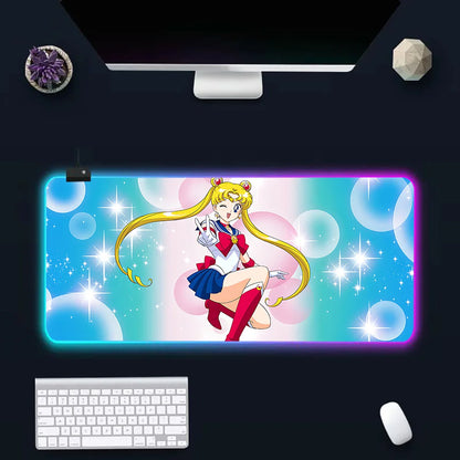 Pink Girl Cartoon Sailors Moons RGB Pc Gamer Keyboard Mouse Pad Mousepad LED Glowing Mouse Mats Rubber Gaming Computer Mausepad