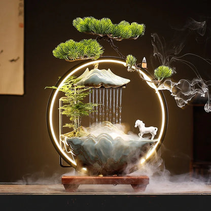 35cm Lucky Deer Fortune Fountain Chinese LED Lamp Ceramic Backflow Incense Burner Feng Shui Rockery Home Decor Ornament