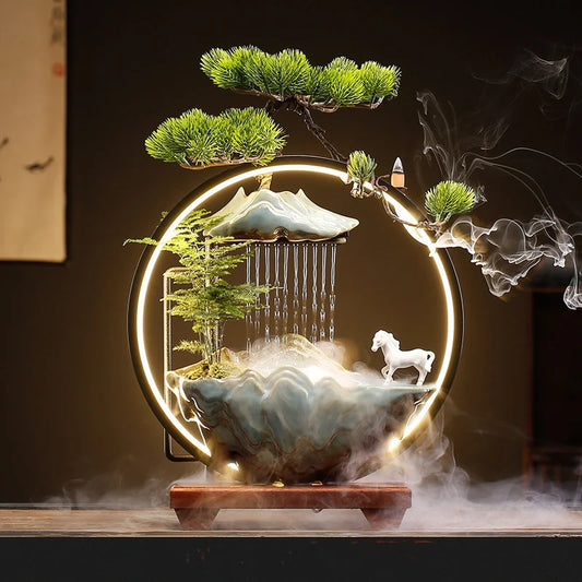 35cm Lucky Deer Fortune Fountain Chinese LED Lamp Ceramic Backflow Incense Burner Feng Shui Rockery Home Decor Ornament