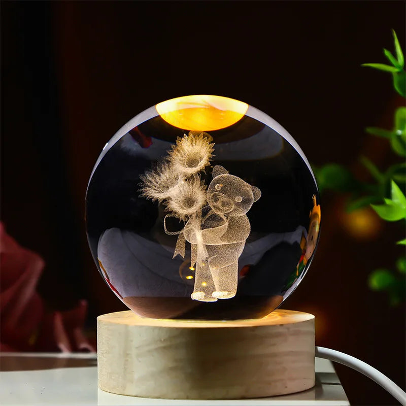 6cm 3d Crystal Ball Led Night Stitch Pikachu Doraemon A Dream Hellokitty Desktop Decoration Lamp Laser Carving Children Gifts