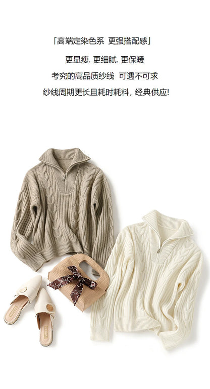 Thick Sweater Women High Quality100% Cashmere Warm Winter Long Sleeve Top Turn-down Collar Zipper Vintage Pullover