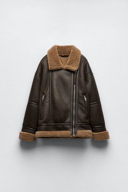 Chaqueta cálida de lana de cordero para mujer de ZBZA, abrigo de piel gruesa de estilo vintage con solapa y cremallera y manga larga con bolsillo, abrigo elegante de invierno