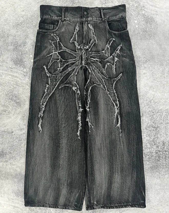 American retro high street design hip-hop trend loose straight wide-leg pants brushed patch washed distressed casual jeans