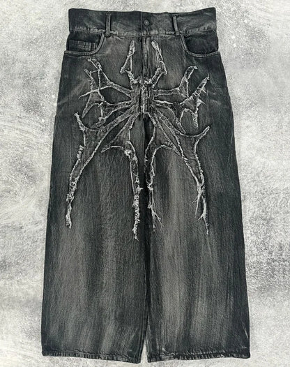 American retro high street design hip-hop trend loose straight wide-leg pants brushed patch washed distressed casual jeans