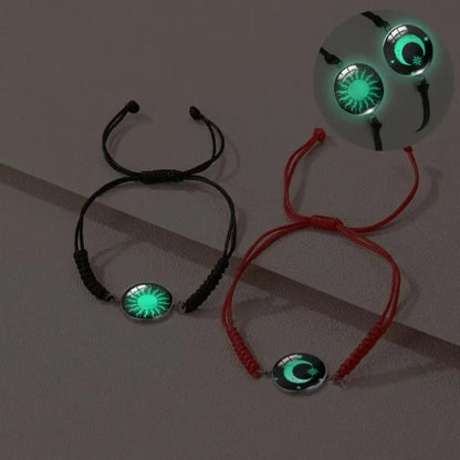 2Pcs Romantic Couple Bracelet Stainless Steel New Sun and Moon Lovers Charm Bracelet Glow in The Dark Adjustable Woven Bracelet