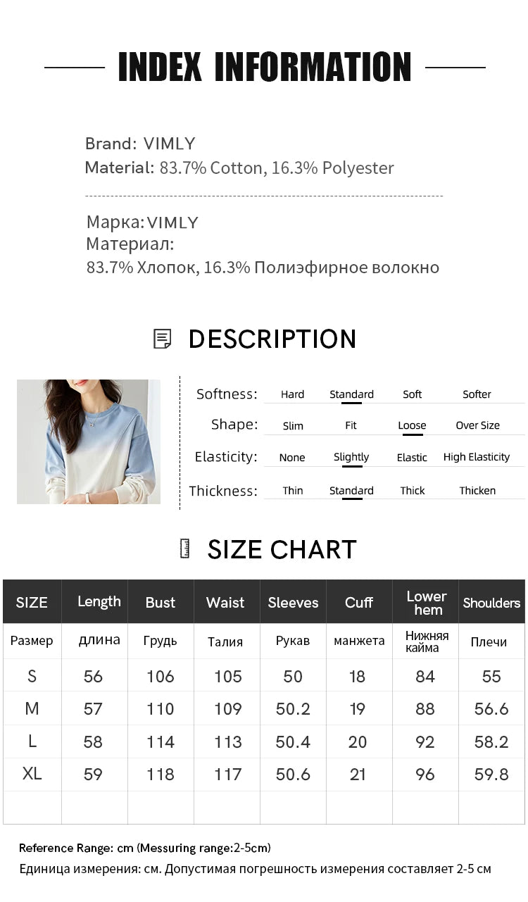 VIMLY Loose Gradient Sweatshirts for Women  Autumn Fashion Casual Round Neck Pullovers Long Sleeve Tops Female Clothes M2967