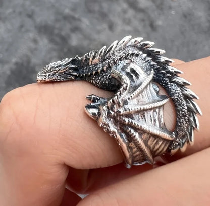 Retro Silver Color Winged Dragon Ring Symbolizes Power, Domineering and Adjustable Opening Ring, Jewelry Accessory Gift