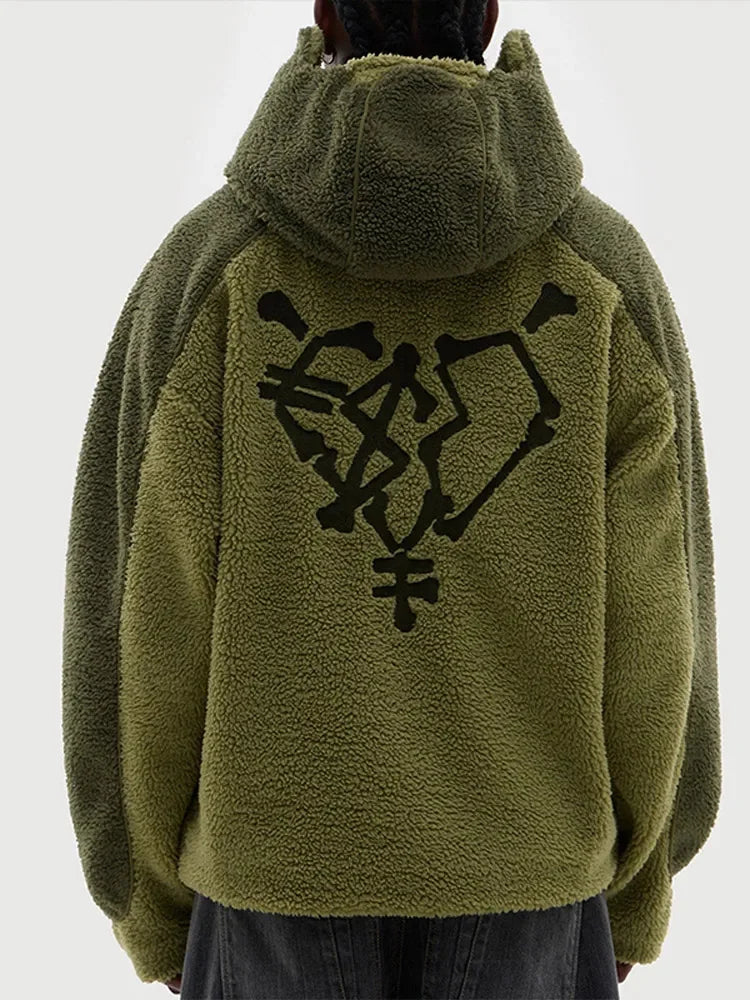 Autumn Winter Lamb Wool Fashion Loose Men's Jacket Contrast Patchwork Hooded Zipper Coat Plush Thicking Warm Couple Clothing