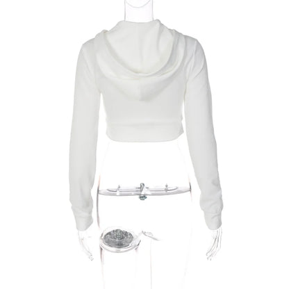 ALLNeon Y2K Aesthetic Vintage Basic Zip Up White Cropped Hoodies 2000s Fashion Big Pockets Front Hooded Long Sleeve Sweats Cute