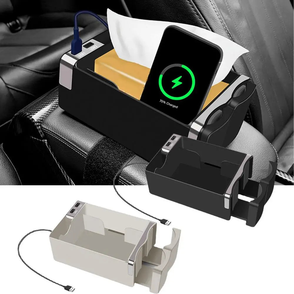 Car Armrest Storage Box With USB Charging Auto Console Side Organizer Car Tissue Box Water Cup Holder Car Interior Accessories