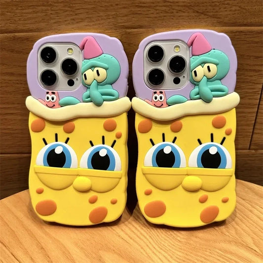 3D Cartoon Cute SpongeBobs SquarePants Patricks Stars Phone Case For IPhone 15 14 13 12 11 Pro Max Soft Silicone Back Cover Gift