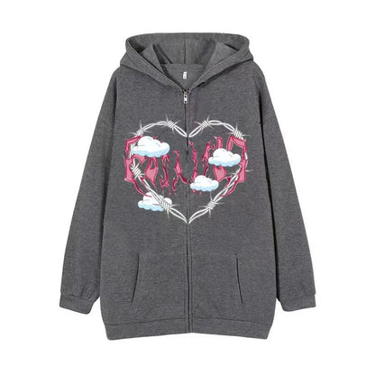 American retro street dark skeleton black fashionable loose zipper hooded sweatshirt for men and women Harajuku casual