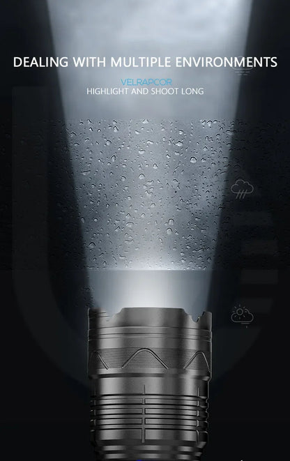 Linterna LED potente GT60 de 100 W, linterna táctica de largo alcance con pantalla de potencia, linterna con zoom recargable por USB para acampar al aire libre