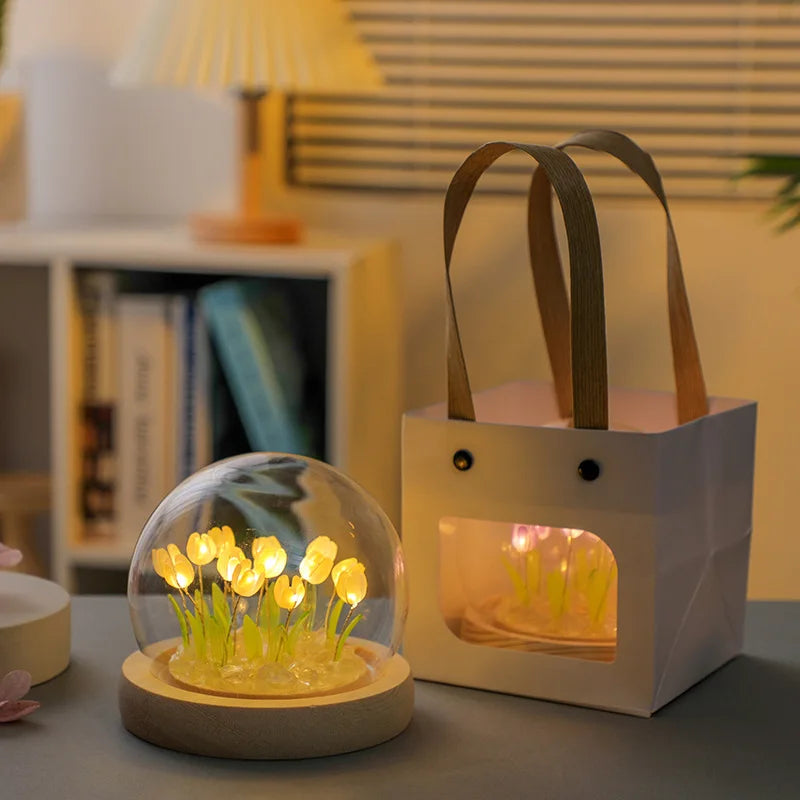 Artificial Tulip Flower Night Light Handmade DIY Bedside Lamp LED Night Lamp Bedroom Decor Christmas Birthday Gifts Table Lamp