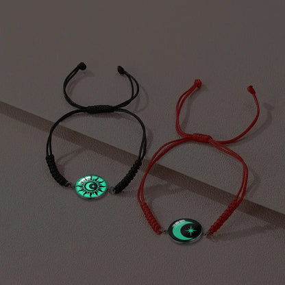 2Pcs Romantic Couple Bracelet Stainless Steel New Sun and Moon Lovers Charm Bracelet Glow in The Dark Adjustable Woven Bracelet