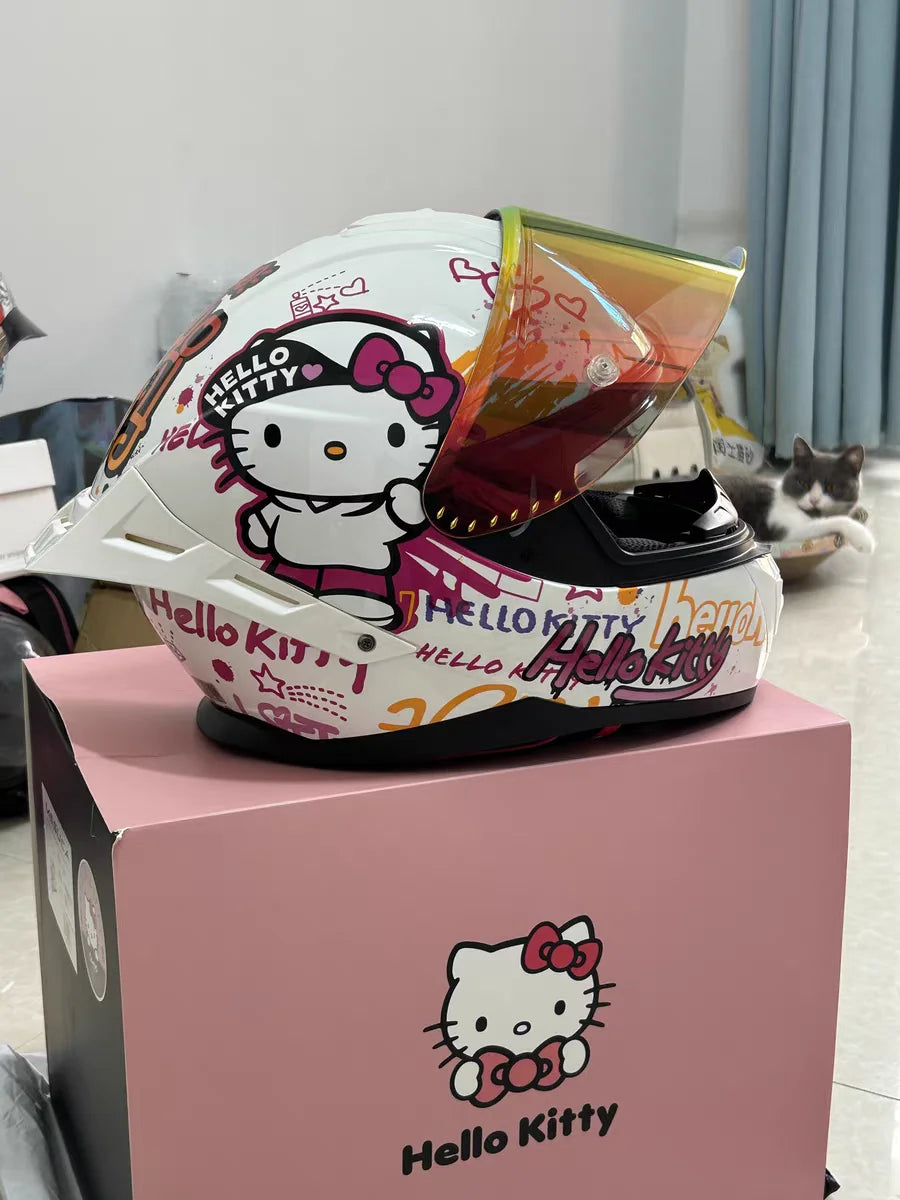 Sanrio Genuine Hello Kitty Motorcycle Helmet Full Face Racing Helmets Offroad Motorcycle Helmet Motorbike Kawaii Xmas Girl Gift
