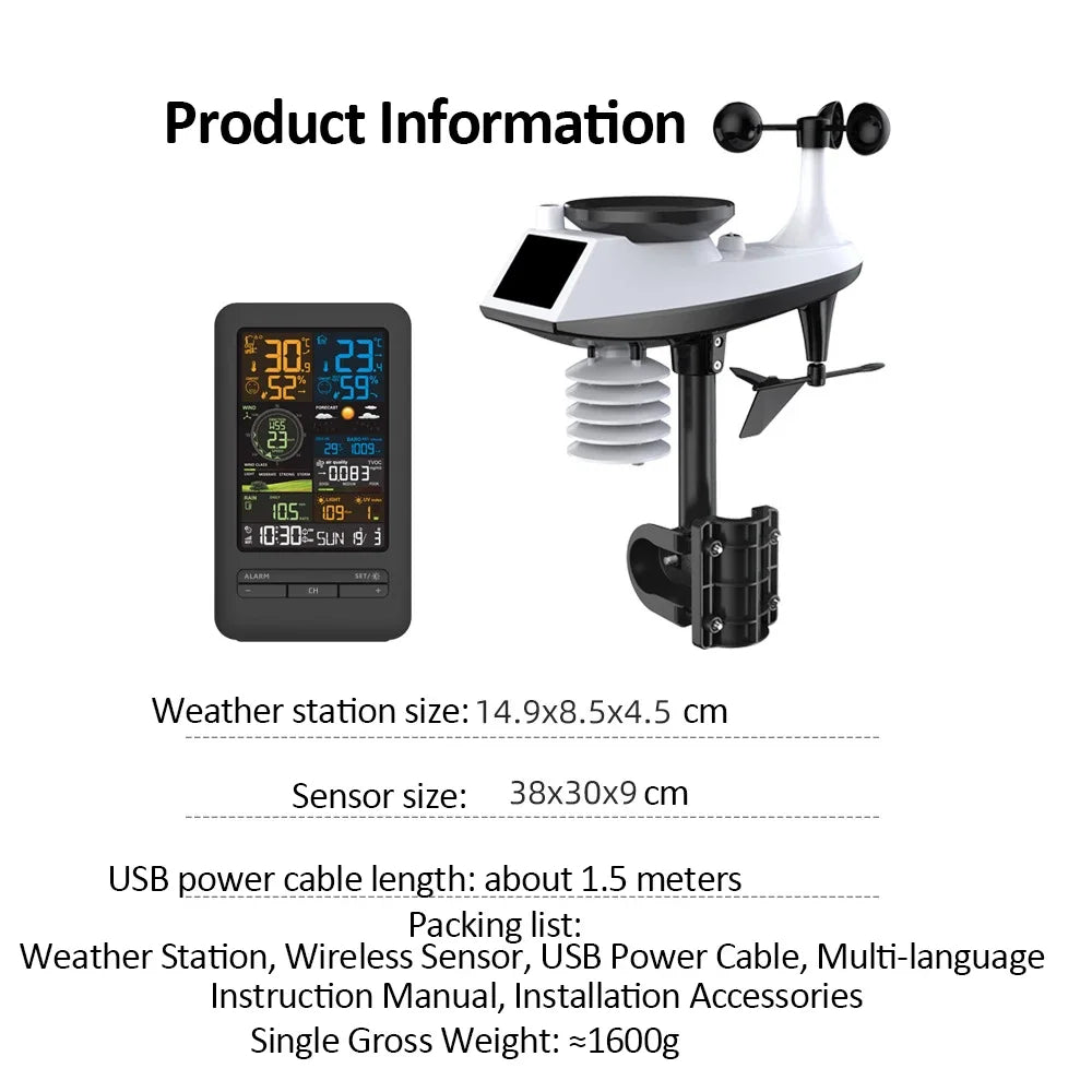 Smart WiFi Weather Station Digital Clock Wind Speed Direction Rainfall Light Index Air Quality Temperature Humidity Monitor