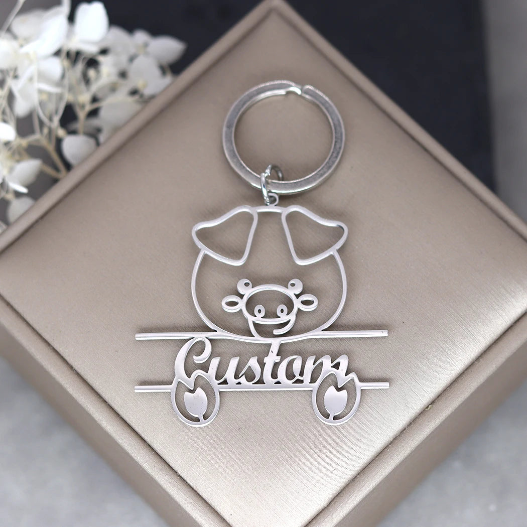 Stainless Steel Cute Pig Engrave Name Customized Keychain Men Keyring Pendant Keyring Cartoon Jewelry Animal Gift For Women