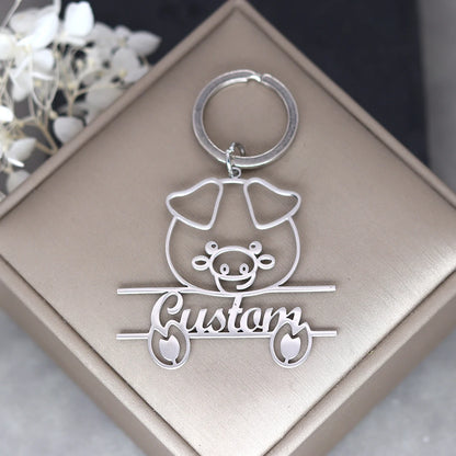 Stainless Steel Cute Pig Engrave Name Customized Keychain Men Keyring Pendant Keyring Cartoon Jewelry Animal Gift For Women