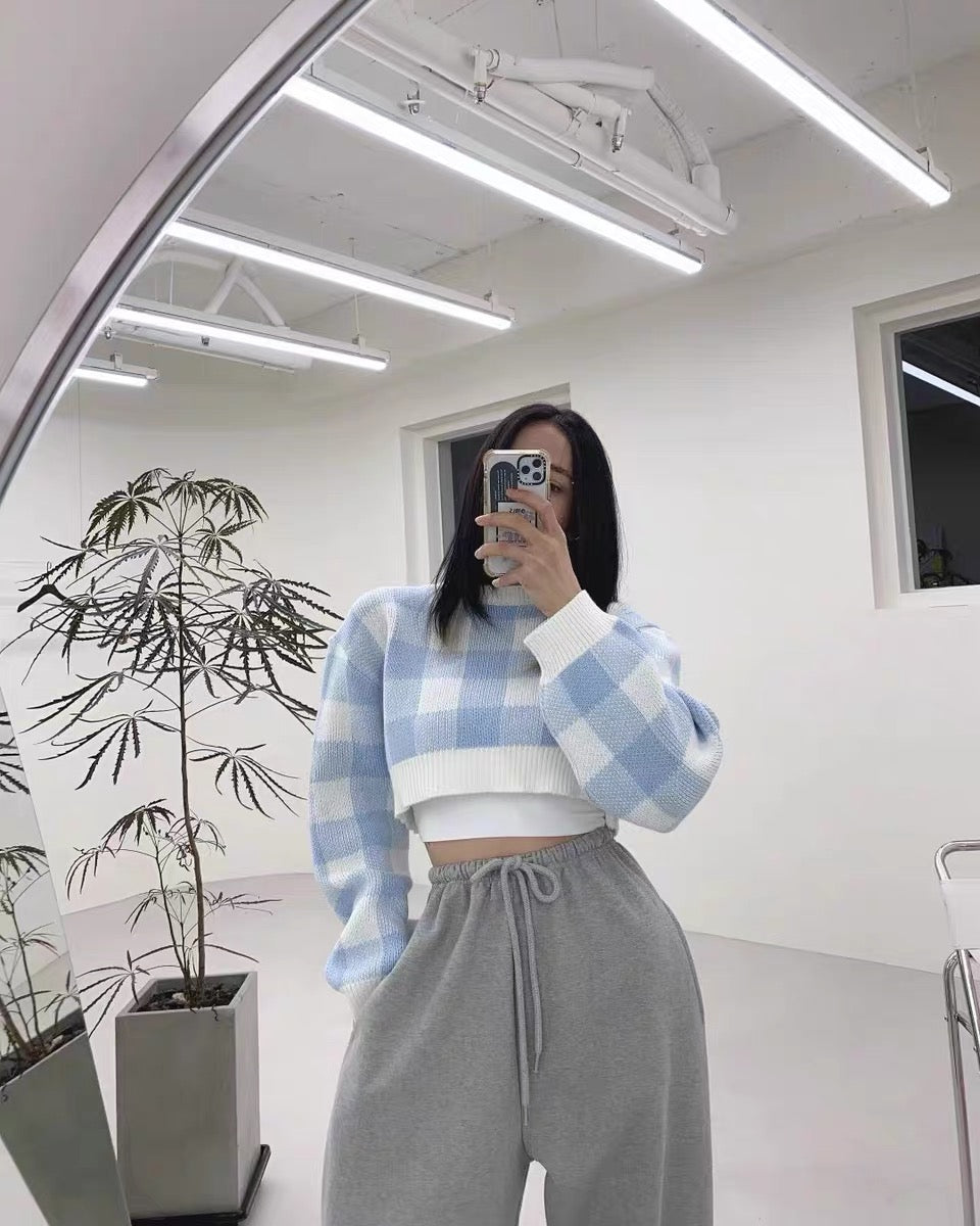 Pullovers Women Checkerboard Crop Knit Sweater Long Sleeve Crew Neck Box-fit Plaid Jumper Outfit