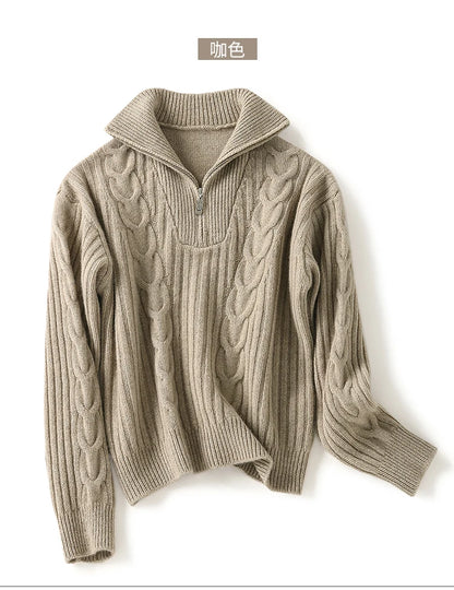 Thick Sweater Women High Quality100% Cashmere Warm Winter Long Sleeve Top Turn-down Collar Zipper Vintage Pullover